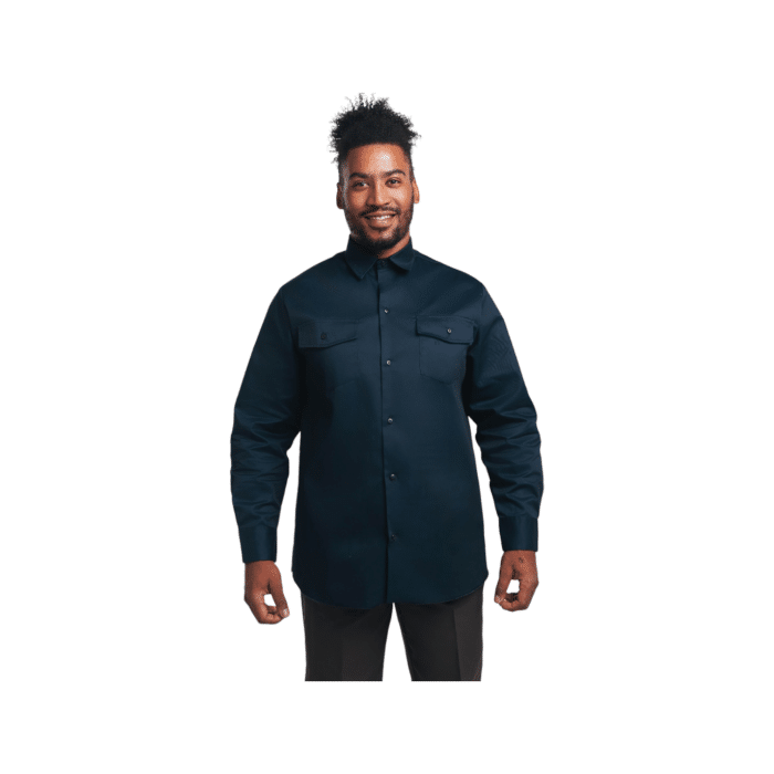 95 2A | The Dickies Shirt 847 Long Sleeve in Navy is a durable, comfortable work shirt made from a blend of polyester and cotton, featuring moisture-wicking properties, a relaxed fit, and twin chest pockets for functionality and style.