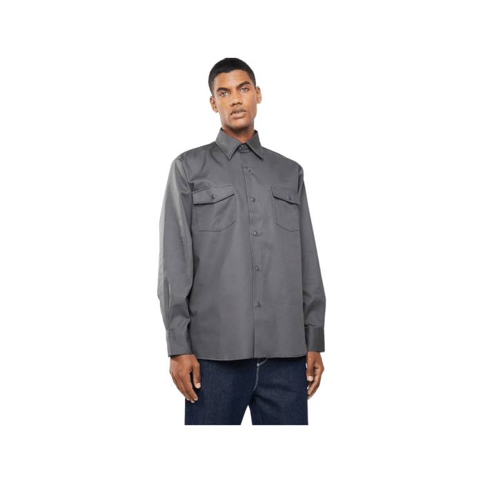 95 4A | The Dickies Shirt 847 Long Sleeve in Silver Grey is a durable, comfortable work shirt made from a blend of polyester and cotton, featuring moisture-wicking properties, a relaxed fit, and twin chest pockets for functionality and style.