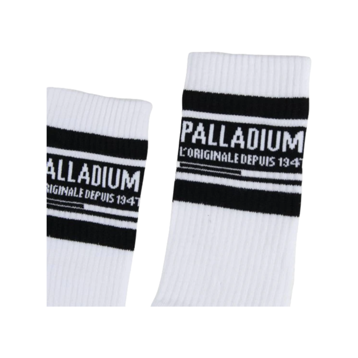 1031 3A | The Palladium Stripe Socks in white with black stripes combine classic style with modern comfort, perfect for any occasion. Made from a premium blend of materials, these socks ensure durability and a snug fit, providing both aesthetic appeal and practical benefits.