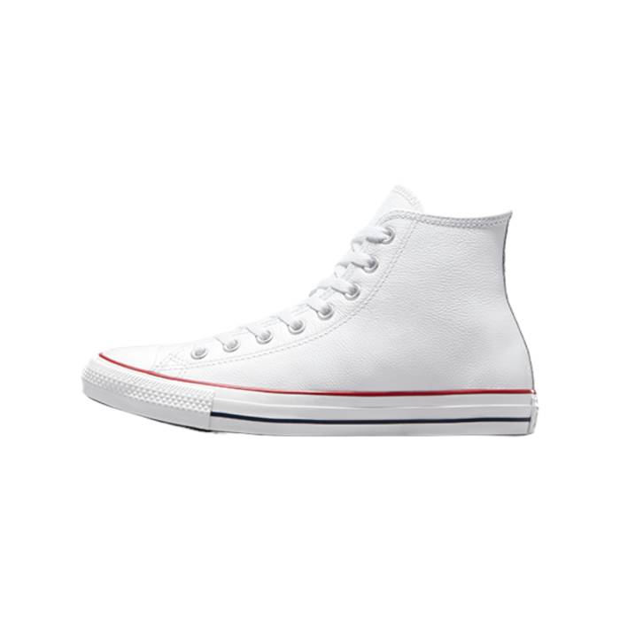 129 3A | The Converse Chuck Taylor Hi Leather in White brings a sophisticated twist to the iconic sneaker, offering a timeless look with a premium feel. Crafted from high-quality leather, these high-tops deliver both durability and classic style, making them a versatile addition to any wardrobe.