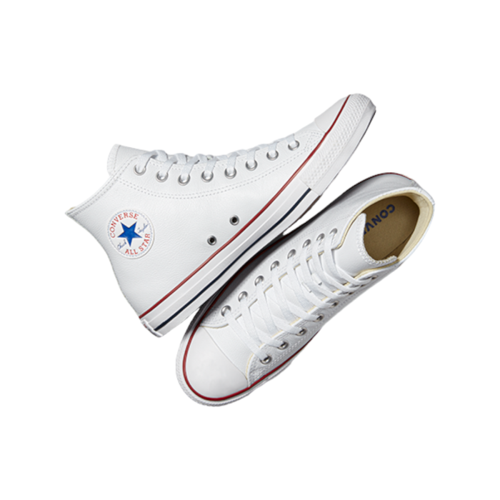 129 3B | The Converse Chuck Taylor Hi Leather in White brings a sophisticated twist to the iconic sneaker, offering a timeless look with a premium feel. Crafted from high-quality leather, these high-tops deliver both durability and classic style, making them a versatile addition to any wardrobe.