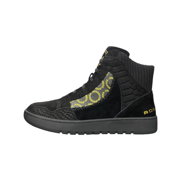 137 175A | The Rossimoda Floreale High Top Sneaker in Black/Gold offers a perfect blend of contemporary style and comfort. Crafted with premium materials (suede), these sneakers ensure durability and a standout look for any casual outfit.