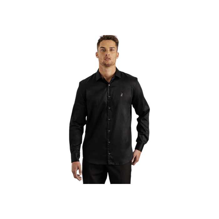 299 44B | The Polo Custom Fit Greig Shirt in Black is a sophisticated wardrobe staple, crafted from 100% cotton sateen that provides a subtle sheen and a smooth, luxurious feel against the skin. Its custom fit design offers a tailored silhouette that enhances your shape while ensuring comfort and style for any occasion.