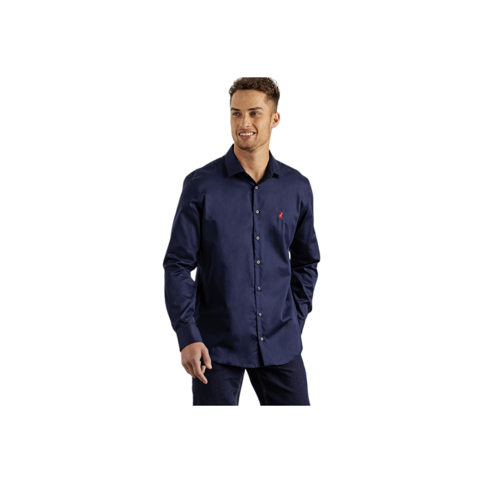 299 45B | The Polo Custom Fit Greig Shirt in Navy is a sophisticated wardrobe staple, crafted from 100% cotton sateen that provides a subtle sheen and a smooth, luxurious feel against the skin. Its custom fit design offers a tailored silhouette that enhances your shape while ensuring comfort and style for any occasion.