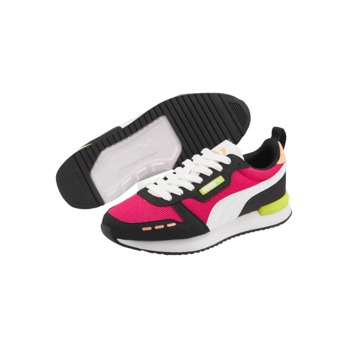 334 52B | The Puma R78 combines retro-inspired design with modern comfort, featuring a vibrant mix of purple, white, black, and pink for a bold, eye-catching look. These sneakers offer a lightweight feel and cushioned midsole, perfect for all-day wear and versatile enough to elevate any casual outfit.