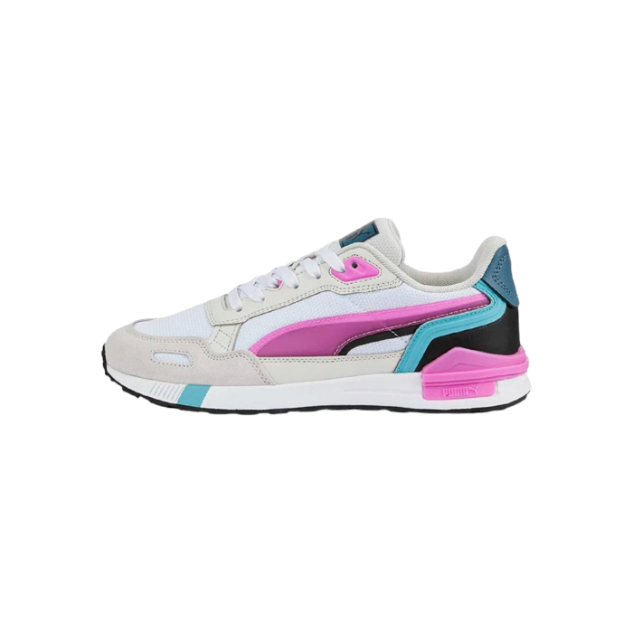 334 61A | The Puma Graviton Tera combines retro-inspired design with modern comfort, featuring a vibrant white solid colour for a bold, eye-catching look. These sneakers offer a lightweight feel and cushioned midsole, perfect for all-day wear and versatile enough to elevate any casual outfit.