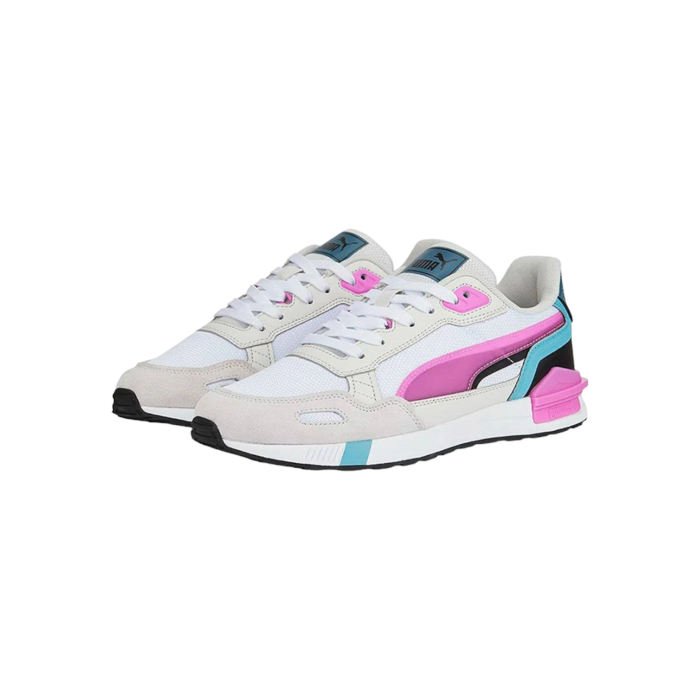 334 61B | The Puma Graviton Tera combines retro-inspired design with modern comfort, featuring a vibrant white solid colour for a bold, eye-catching look. These sneakers offer a lightweight feel and cushioned midsole, perfect for all-day wear and versatile enough to elevate any casual outfit.