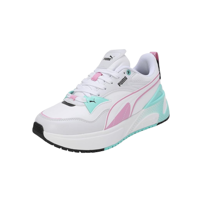 334 84A | The Puma R78 Disrupt in White, Mint and Pink combines retro-inspired design with modern comfort, featuring a vibrant white solid colour for a bold, eye-catching look. These sneakers offer a lightweight feel and cushioned midsole, perfect for all-day wear and versatile enough to elevate any casual outfit.