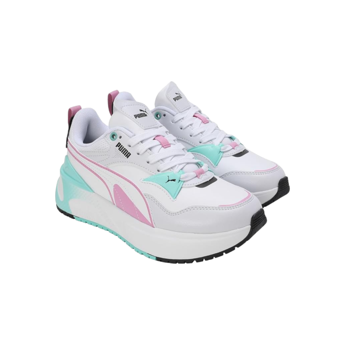 334 84B | The Puma R78 Disrupt in White, Mint and Pink combines retro-inspired design with modern comfort, featuring a vibrant white solid colour for a bold, eye-catching look. These sneakers offer a lightweight feel and cushioned midsole, perfect for all-day wear and versatile enough to elevate any casual outfit.