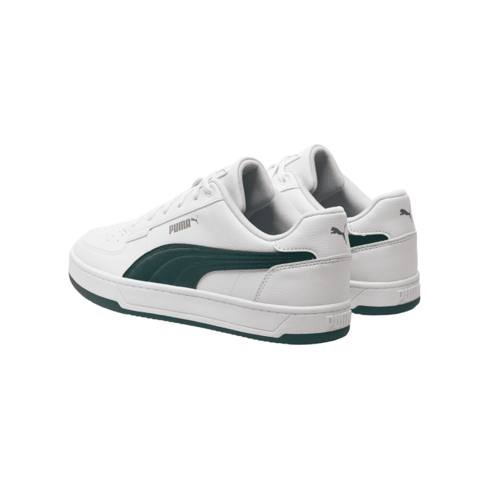 5 181B | The Puma Caven 2.0 in White-Dark Myrtle-Gold combines classic design with modern flair, perfect for both casual and athletic wear. Featuring a sleek white base, dark myrtle accents, and subtle gold detailing, this shoe effortlessly elevates your style while ensuring maximum comfort and durability.