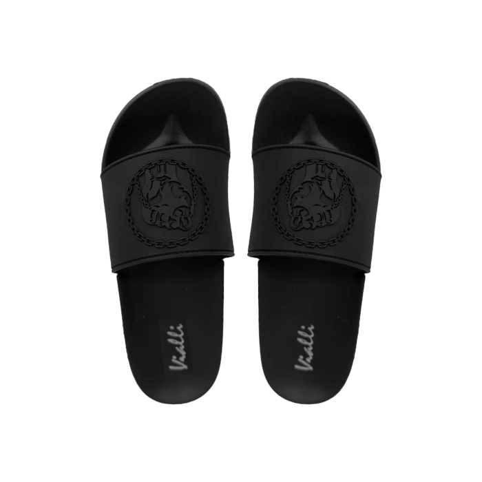 971 4B | The Vialli Slides Frigo in Black offer a sleek and minimalist design that effortlessly combines comfort with style, featuring a contoured footbed for optimal support. Crafted from high-quality materials, these slides are perfect for casual wear, providing durability and a sophisticated edge to any relaxed outfit.