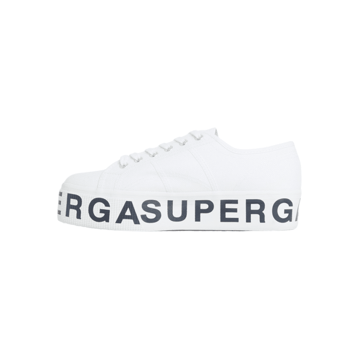 556 27A | Step up your sneaker game with the Superga 2790 Platform Lettering in a crisp white canvas, featuring bold black lettering on the sole for a striking contrast. The elevated platform design not only adds height but also delivers a chic, modern edge that pairs effortlessly with any casual outfit.