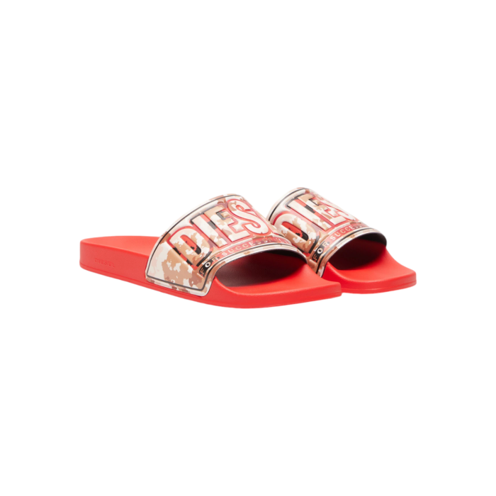 906 7A | The Diesel Mayemi Pool Slide combines sleek, modern style with a bold touch, featuring a classic red footbed and a patterned strap for a striking contrast. Ideal for casual wear, these slides offer both comfort and durability, perfect for poolside lounging or everyday adventures.