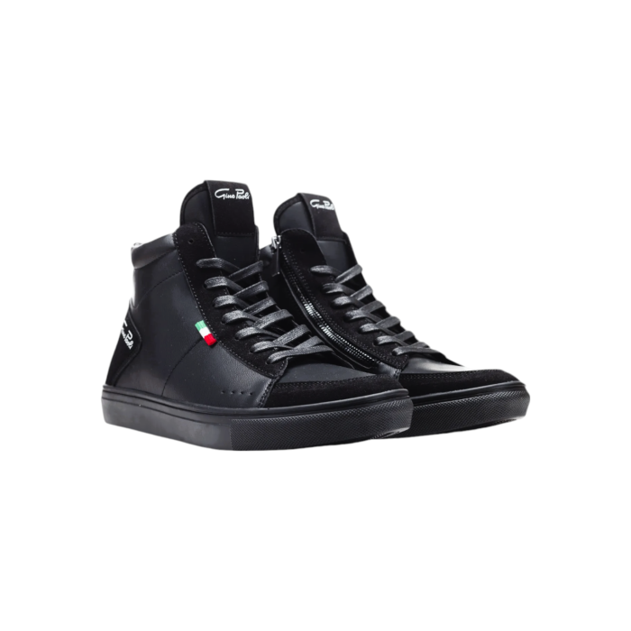 970 24a | Make a bold statement with the Gino Paoli Hugo Hi Top in sleek Black, expertly crafted from durable synthetic materials. These hi-tops combine modern design with comfort, offering a versatile and stylish option that effortlessly enhances any casual outfit.