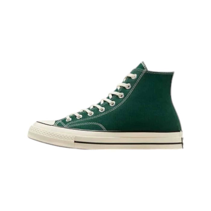 130 110A | The Converse Chuck 70 Hi Green/Black blends vintage charm with modern updates, featuring a bold green canvas upper contrasted by sleek black accents for a standout look. Crafted from premium materials, it offers enhanced comfort with a cushioned OrthoLite insole and a thicker rubber sole for better support and durability. This high-top sneaker not only makes a style statement but also provides superior performance, making it perfect for everyday wear and versatile enough to pair with any outfit.