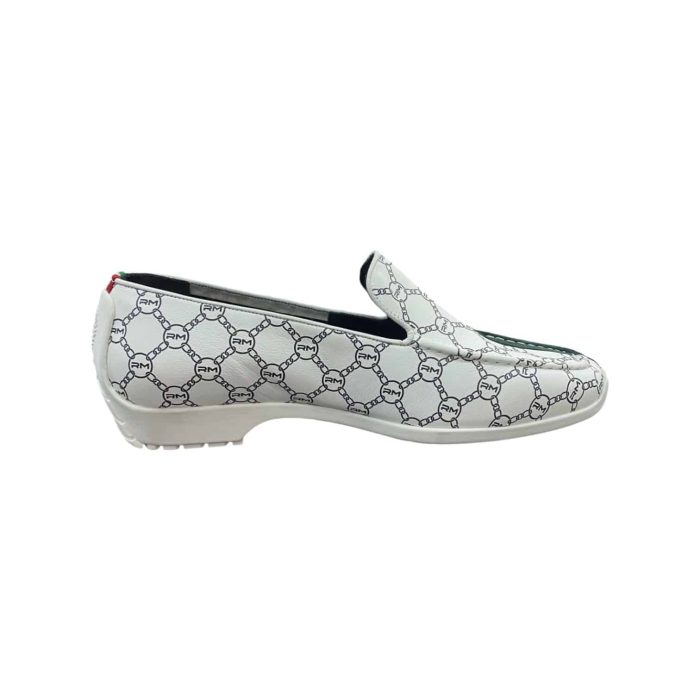 137 196A | The Rossimoda GT900 Floral Bloom Multi-White/Green/Red loafers showcase a striking combination of bold Italian flag-inspired colors with intricate chain-link patterns on a white background, offering a perfect blend of modern style and classic design. Crafted with high-quality materials, these loafers feature a breathable upper and a cushioned insole for superior comfort, allowing for all-day wear without sacrificing elegance. The durable rubber outsole ensures excellent traction on various surfaces, making these shoes a versatile and eye-catching addition to both casual and semi-formal outfits.