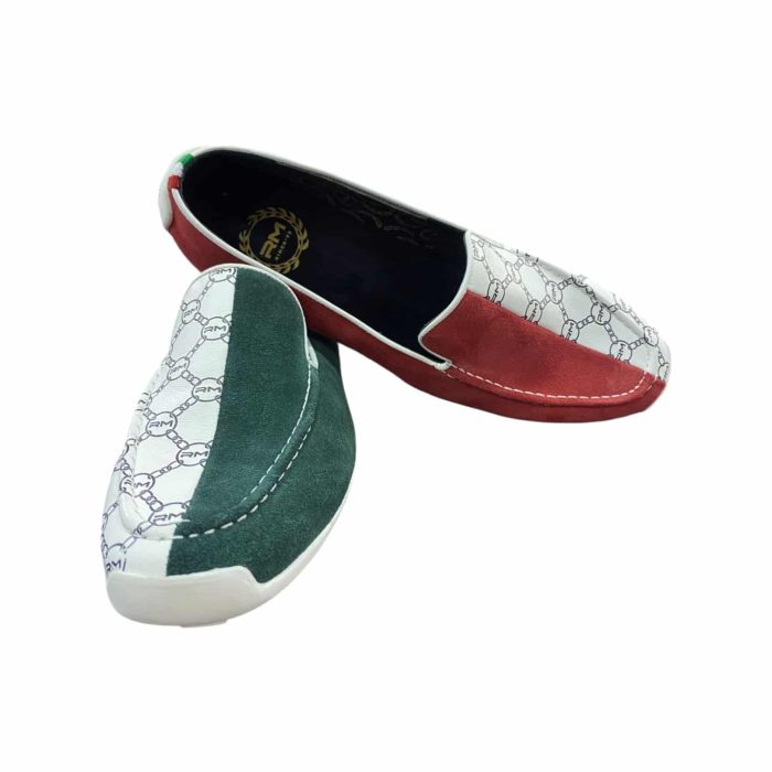 137 196D | The Rossimoda GT900 Floral Bloom Multi-White/Green/Red loafers showcase a striking combination of bold Italian flag-inspired colors with intricate chain-link patterns on a white background, offering a perfect blend of modern style and classic design. Crafted with high-quality materials, these loafers feature a breathable upper and a cushioned insole for superior comfort, allowing for all-day wear without sacrificing elegance. The durable rubber outsole ensures excellent traction on various surfaces, making these shoes a versatile and eye-catching addition to both casual and semi-formal outfits.