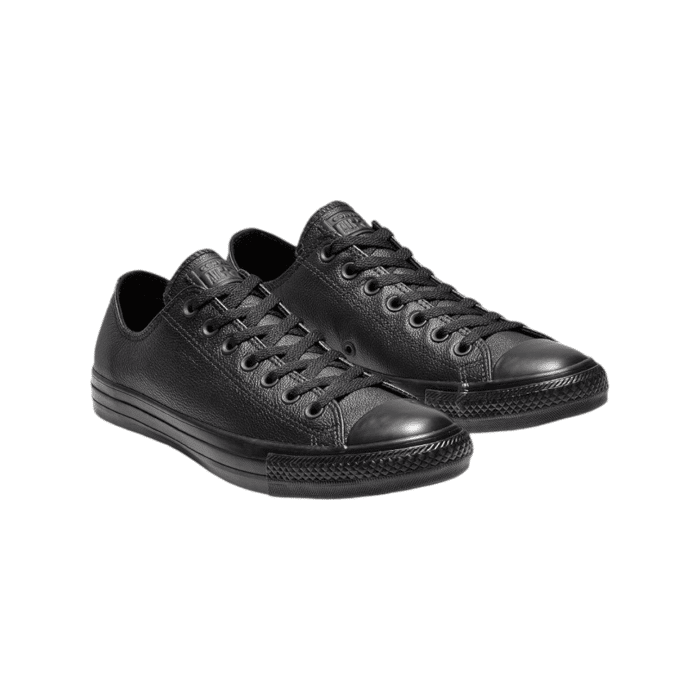 262 4B | The Converse Chuck Taylor Low Leather in Mono Black brings a sophisticated twist to the iconic sneaker, offering a timeless look with a premium feel. Crafted from high-quality leather, these low-tops deliver both durability and classic style, making them a versatile addition to any wardrobe.