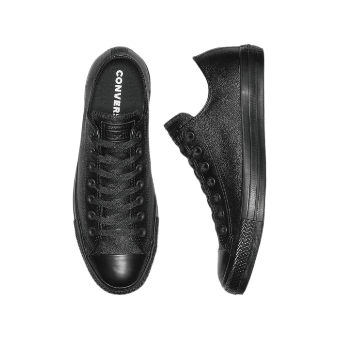 262 4C | The Converse Chuck Taylor Low Leather in Mono Black brings a sophisticated twist to the iconic sneaker, offering a timeless look with a premium feel. Crafted from high-quality leather, these low-tops deliver both durability and classic style, making them a versatile addition to any wardrobe.