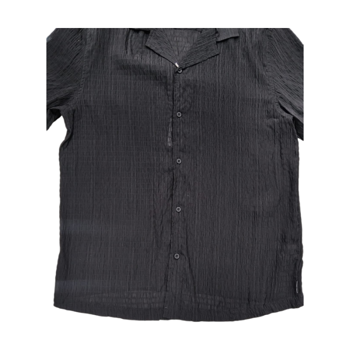 53 8B | The <em>Jonathan D Shirt Fabrizi </em>in <em>Black</em> with <em>crInkle Detailing</em> offers a sleek, modern design with a touch of classic sophistication. Made from high-quality fabric, this shirt ensures a comfortable, tailored fit that’s both breathable and versatile for various occasions. The clean white detailing against the deep black colour creates a sharp contrast, making it perfect for dressing up or down with effortless style.