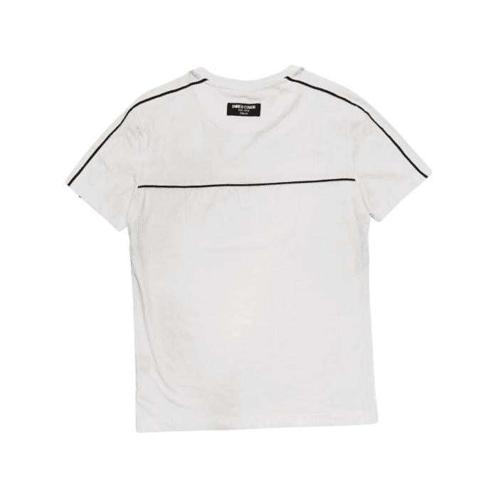 559 143A | The Enrico Coveri 1 Stripe T-Shirt in White with striking Black Detailing is the perfect blend of style and comfort, featuring a minimalist design that showcases a bold black stripe across the chest for an eye-catching contrast. Made from high-quality, breathable fabric, this t-shirt ensures all-day comfort while maintaining a flattering fit, making it an ideal choice for casual outings or relaxed gatherings. With its classic crew neck and versatile color scheme, this t-shirt pairs effortlessly with jeans, shorts, or chinos, allowing you to create a variety of stylish looks with ease.