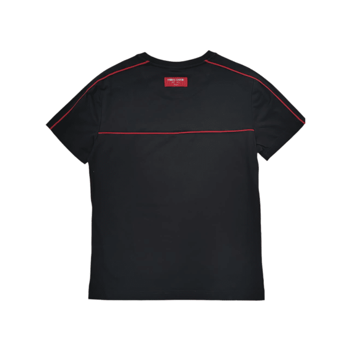 559 144A | The Enrico Coveri 1 Stripe T-Shirt in Black with striking Red Detailing is the perfect blend of style and comfort, featuring a minimalist design that showcases a bold red stripe across the chest for an eye-catching contrast. Made from high-quality, breathable fabric, this t-shirt ensures all-day comfort while maintaining a flattering fit, making it an ideal choice for casual outings or relaxed gatherings. With its classic crew neck and versatile color scheme, this t-shirt pairs effortlessly with jeans, shorts, or chinos, allowing you to create a variety of stylish looks with ease.