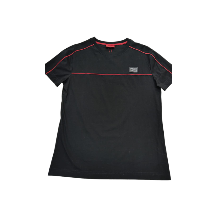 559 144B | The Enrico Coveri 1 Stripe T-Shirt in Black with striking Red Detailing is the perfect blend of style and comfort, featuring a minimalist design that showcases a bold red stripe across the chest for an eye-catching contrast. Made from high-quality, breathable fabric, this t-shirt ensures all-day comfort while maintaining a flattering fit, making it an ideal choice for casual outings or relaxed gatherings. With its classic crew neck and versatile color scheme, this t-shirt pairs effortlessly with jeans, shorts, or chinos, allowing you to create a variety of stylish looks with ease.