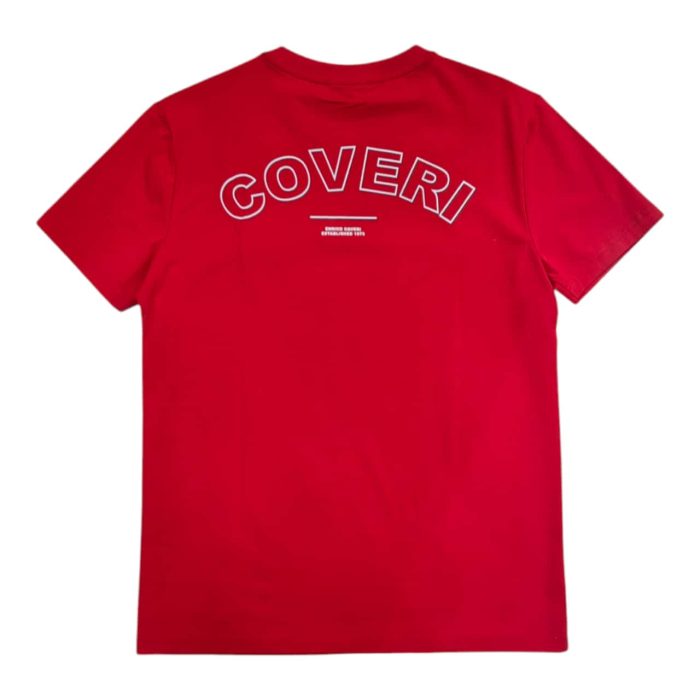 559 150 B 1 | The Enrico Coveri Mini Metal Logo T-Shirt in Red is a bold yet refined staple, crafted from premium cotton that provides exceptional comfort and breathability for all-day wear. With a sleek mini metal logo on the chest, this T-shirt brings a subtle touch of elegance to its vibrant red color, making it versatile enough to pair with casual jeans or smart-casual chinos. Its modern slim fit is tailored to enhance the body’s natural shape while allowing full freedom of movement, showcasing Enrico Coveri's commitment to quality and sophisticated style