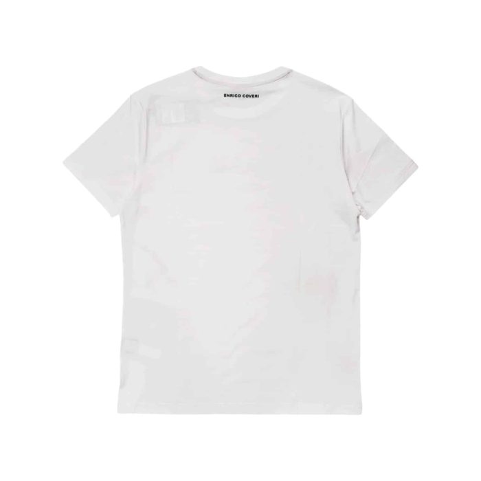 559 158 B | The <em>Enrico Coveri T-Shirt Graphic Dot Print White</em> effortlessly combines contemporary style with everyday comfort, featuring a playful dot print that adds a vibrant touch to your casual wardrobe. Crafted from high-quality, breathable fabric, this t-shirt ensures a soft feel against the skin while maintaining durability and color vibrancy even after multiple washes. With its classic crew neckline and relaxed fit, this versatile piece can be easily styled with jeans or shorts for a laid-back look, or dressed up with chinos for a more polished ensemble, making it a perfect choice for any occasion.