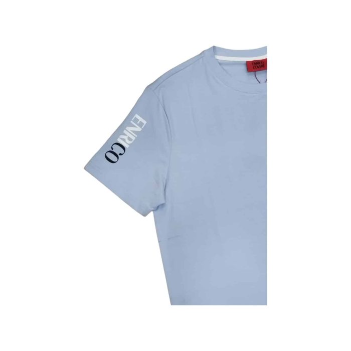 559 166 C | The <em>Enrico Coveri Side Logo Print T-shirt</em> in Light Blue offers a perfect blend of minimalist design and modern style. Made from soft, breathable cotton, it ensures all-day comfort while maintaining its shape and color through multiple wears. The sleek side logo print and calming light blue hue make this t-shirt a versatile choice, effortlessly pairing with both casual and semi-formal outfits