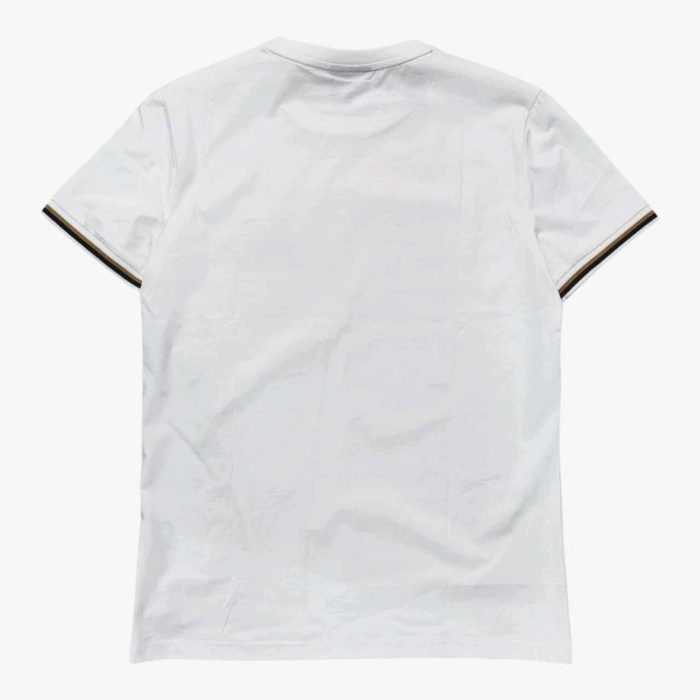 559 86 B | The <strong>Enrico Coveri T-shirt Striped Sleeve White</strong> combines timeless elegance with a modern twist, featuring bold, contrasting stripes on the sleeves that add a sporty yet refined touch. Made from premium 100% cotton, this T-shirt ensures all-day comfort with its soft, breathable fabric and durable construction that maintains its shape and color wash after wash. Its versatile design allows it to be easily dressed up with tailored trousers or down with casual jeans, making it a stylish and practical addition to any wardrobe.