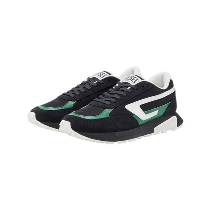 861 55C | The Diesel S-Tyche D in Black Beauty/Abundant Green/White is a bold and modern sneaker designed to make a statement with its vibrant color combination and premium materials. Featuring a mix of leather, suede, and textile, this low-top sneaker offers a perfect balance of durability and breathability, ensuring all-day comfort. With a cushioned insole and durable rubber outsole for optimal support and traction, the S-Tyche D effortlessly combines style and performance, making it a versatile choice for everyday wear.