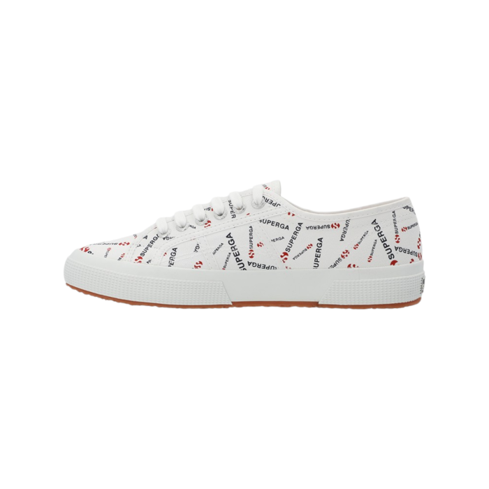 91 2a | The Superga 2750 Pride Logo Print features a crisp White Canvas upper adorned with bold Black logo prints throughout, offering a striking combination of classic and modern style. Designed with Superga’s signature low-profile silhouette, these sneakers deliver breathable comfort, durability, and a timeless appeal, perfect for elevating casual outfits. Complete with sturdy rubber soles and metal eyelets, they seamlessly merge fashion and function, making them an ideal choice for those who appreciate both style and practicality.