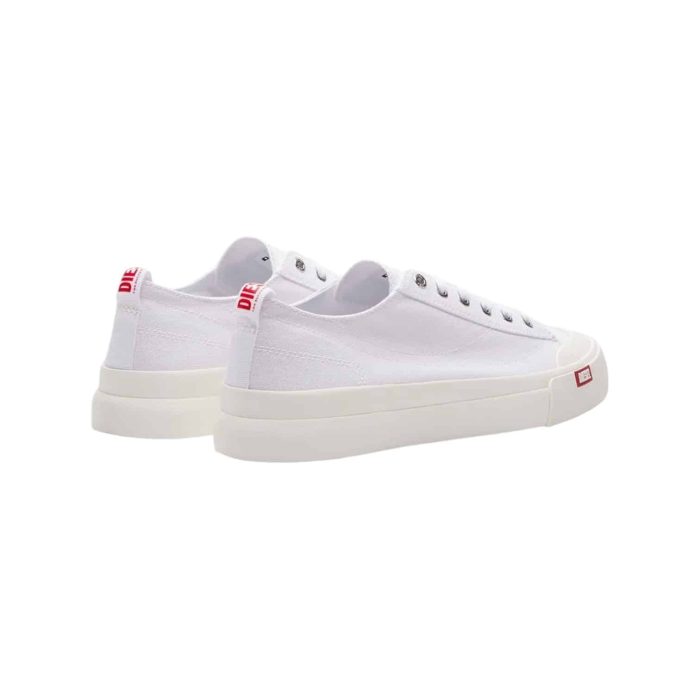 Diesel S Athos Low Star White2 | The Diesel S-Athos Low Star in White/White seamlessly blends contemporary style with exceptional comfort, featuring a premium leather and textile upper that provides durability and breathability for everyday wear. Designed with a cushioned insole and padded collar, this low-top sneaker ensures optimal support and comfort, making it ideal for both casual outings and active lifestyles. With its striking white and black colorway, the S-Athos Low 100 effortlessly complements a variety of outfits, allowing you to transition from day to night with ease and confidence.