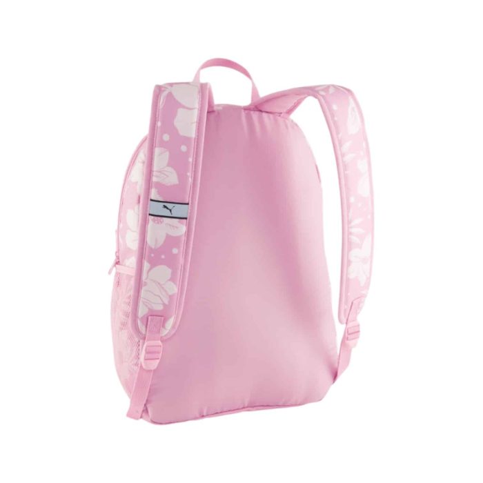 171 57 B | The Puma Backpack Floral AOP Pink is a stylish and vibrant accessory that features a bold all-over floral print in soft pink tones, perfect for adding a touch of personality to your everyday look. It offers a spacious main compartment with a padded laptop sleeve, a front zip pocket for quick-access essentials, and side mesh pockets for water bottles or snacks, ensuring you stay organized on the go. Designed for comfort, this durable backpack also includes adjustable shoulder straps and a padded back panel, providing support and ease throughout your day.