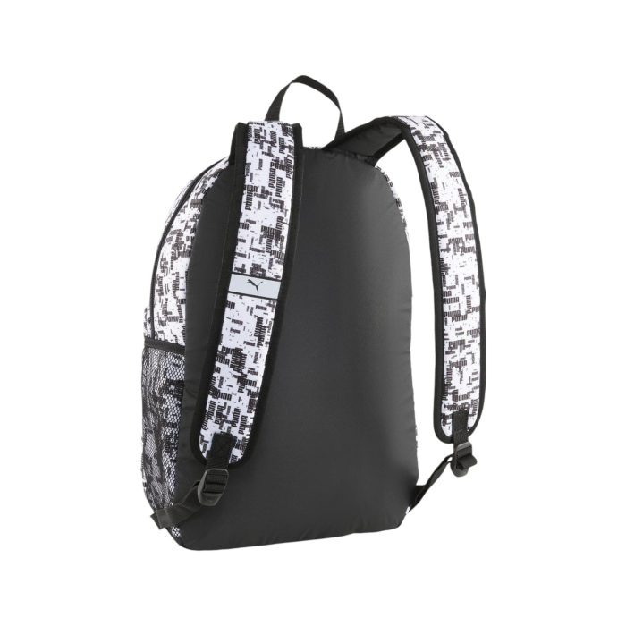 171 65 B | The Puma Backpack Phase AOP White/Black combines modern design with everyday functionality, featuring a bold black and white all-over print that showcases the iconic Puma branding. Its spacious main compartment offers ample storage for essentials, while the padded laptop sleeve ensures your tech devices stay protected, and the front zip pocket allows for quick access to smaller items. With adjustable shoulder straps and a padded back panel for added comfort, this backpack is designed for both style and convenience, making it the perfect choice for daily commutes, workouts, or casual outings.