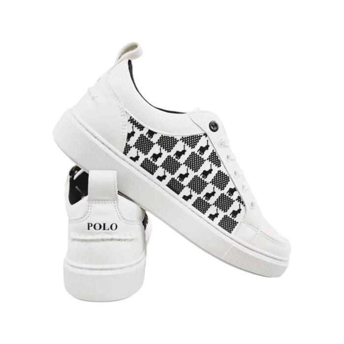 400 4 D | The Polo Block Monogram Sneakers White/Black combine iconic style with modern flair, featuring Polo’s signature monogram in a bold black print against a crisp white backdrop. Crafted for both comfort and durability, these sneakers include a cushioned insole and padded ankle collar, making them ideal for all-day wear while providing reliable support. With a versatile design that effortlessly pairs with casual outfits, these sneakers are perfect for those who appreciate a blend of high-fashion aesthetics and everyday functionality.