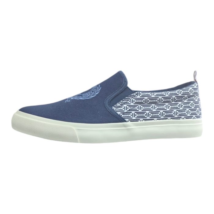 400 5 D | The Polo AOP Crest Slip-On Navy seamlessly blends classic style with modern convenience, featuring an all-over crest pattern that exudes sophistication against a rich navy backdrop. Crafted from high-quality canvas, these slip-ons are not only lightweight and breathable but also designed with a cushioned insole to ensure all-day comfort, making them perfect for casual outings or relaxed gatherings. With their easy slip-on design and durable outsole for reliable traction, the Polo AOP Crest Slip-On Navy is an ideal choice for anyone seeking a versatile and stylish footwear option that effortlessly complements a variety of outfits.