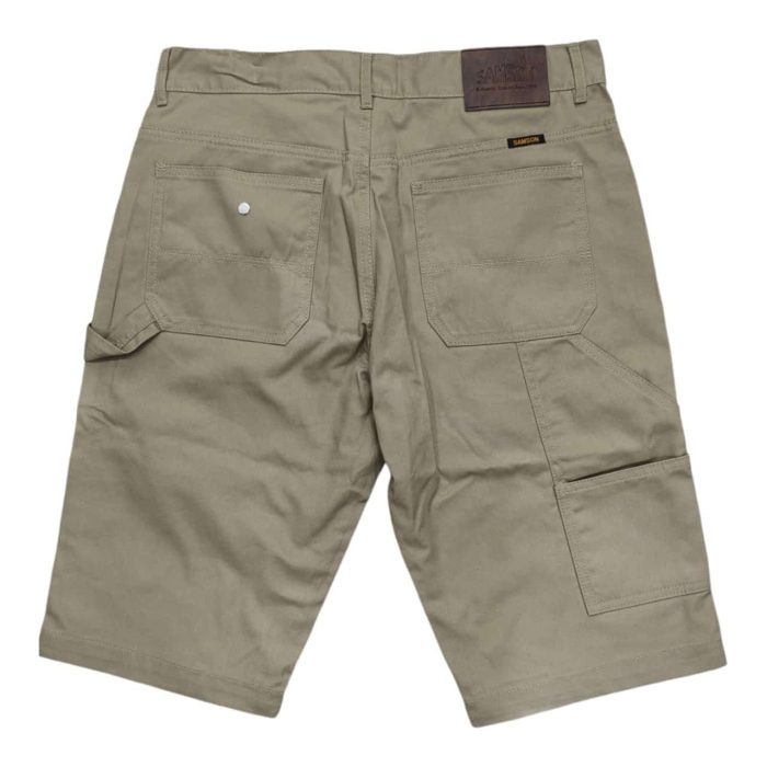 518 2 B rotated | The Samson Shorts Buxley Painter Khaki combine rugged utility with classic style, crafted from durable cotton twill in a versatile khaki shade that suits any casual or outdoor setting. Featuring multiple pockets, including a painter’s loop and extra tool compartments, these shorts offer ample storage for essentials, making them perfect for work or leisure. With a relaxed mid-rise fit and breathable fabric, they provide all-day comfort and freedom of movement, ensuring you’re ready for any activity in style.