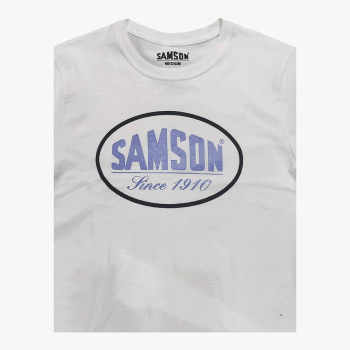 662 4A | The Samson T-shirt Oval Logo White combines timeless style and everyday comfort, featuring a clean white design and a bold oval Samson logo on the chest for a touch of modern branding. Made from soft, breathable cotton, this shirt offers a relaxed fit that provides all-day comfort, making it a versatile piece that easily pairs with jeans, shorts, or joggers. With its durable construction and high-quality fabric that resists fading and shrinkage, the Samson T-shirt Oval Logo White is built to maintain its fresh look and feel, whether worn casually or layered for added style.