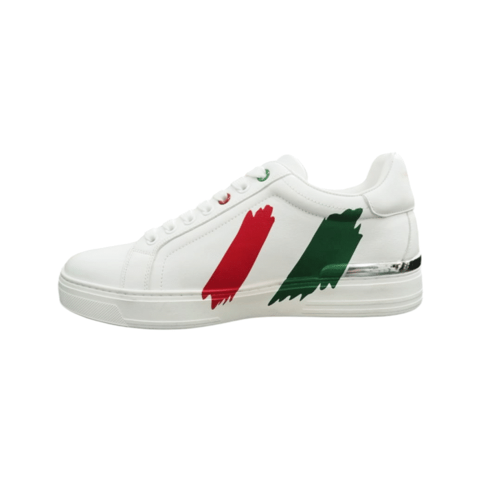 988 2A | The Vialli Shoes Bravincio in white combines premium leather craftsmanship with bold Italian-inspired design, making it both stylish and versatile. Featuring a sleek white base, hand-painted flag motifs, and metallic silver accents, this sneaker blends elegance with artistic flair. Perfect for casual or semi-formal occasions, it offers superior comfort, durability, and a timeless appeal.