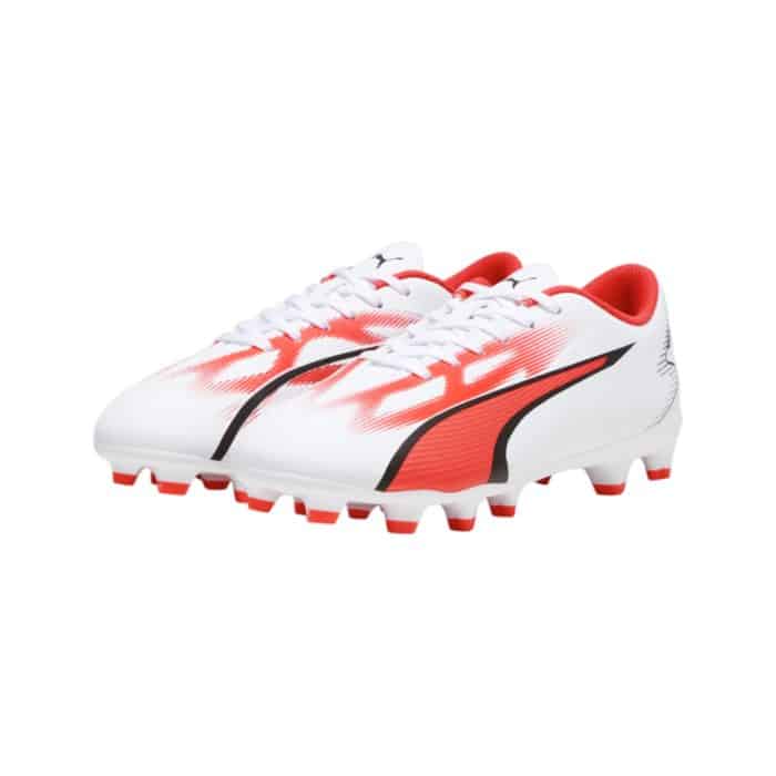 158 6 B | <p data-pm-slice="1 1 []">The Puma Ultra Play FG/AG White/Fire Orchid is a lightweight football boot designed for speed, precision, and versatility on both firm ground and artificial grass surfaces. Featuring a durable synthetic upper with a textured surface for enhanced ball control, it delivers exceptional comfort, stability, and performance during fast-paced matches. The vibrant Fire Orchid accents paired with a clean white design make these boots stand out on the pitch, while the specialized stud configuration ensures superior traction for explosive movements and quick direction changes.</p>