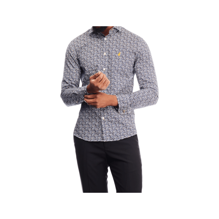 299 94C | The Polo Geo Printed LS Navy combines timeless sophistication with a modern geometric design, making it a standout piece for versatile styling. Crafted from high-quality fabric, this long-sleeved shirt offers a soft, breathable feel and a tailored fit that enhances your silhouette for a polished look. The rich navy color serves as the perfect backdrop for the intricate geo print, creating a balance of elegance and contemporary flair that transitions effortlessly from casual outings to formal occasions.