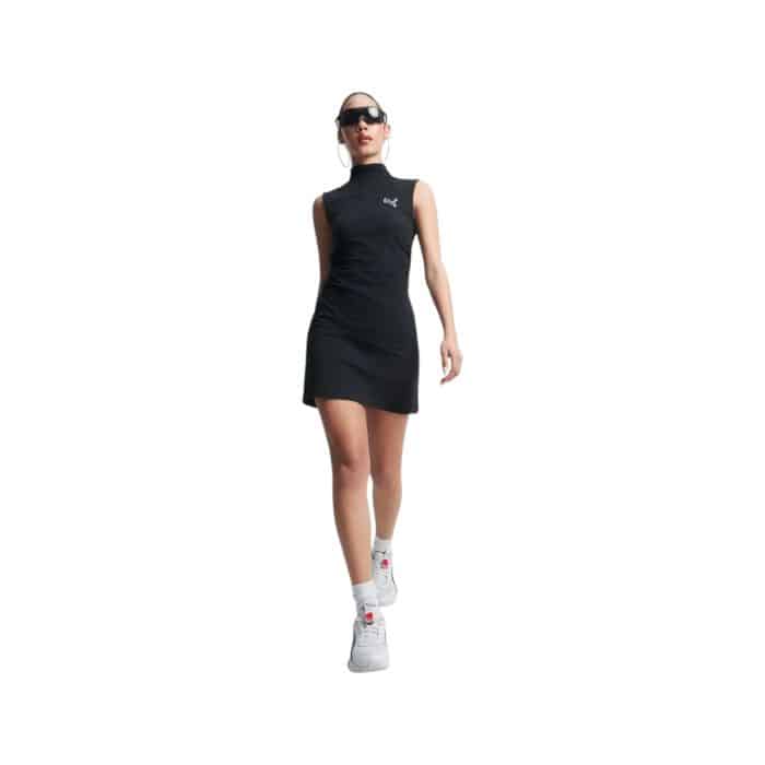 995 10 E | The Puma Dress Better ESS Sleeveless Black combines sleek, minimalist design with all-day comfort, offering a perfect blend of style and functionality for women who value both fashion and performance. Featuring a timeless black color, this dress can easily be dressed up or down, making it versatile enough for various occasions, from casual outings to semi-dressed-up events. The sleeveless design ensures breathability and freedom of movement, while the soft, durable fabric provides a comfortable fit, making it a wardrobe essential for those who want a stylish yet practical piece.