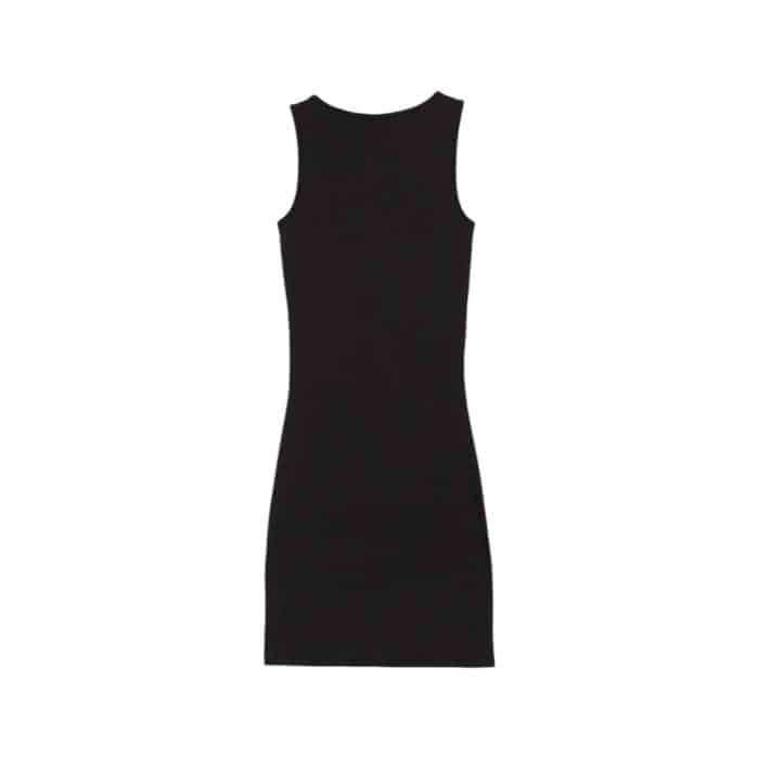 995 5 C | The Puma Dress Classics Ribbed Black is a sleek and versatile wardrobe essential that combines comfort and style with a flattering ribbed texture and minimalist design. Crafted from high-quality, stretchable fabric, it provides a perfect fit for various body types while ensuring breathability and ease of movement throughout the day. This timeless black dress, adorned with a subtle Puma logo, transitions effortlessly from casual outings to more polished occasions, offering endless styling possibilities.