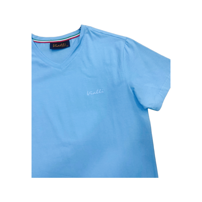 Bold Baby Blue2 | The Vialli Bold T-Shirt in Baby Blue combines effortless style with unmatched comfort, making it a must-have addition to any wardrobe. Made from premium, breathable cotton, this t-shirt offers a soft, lightweight feel while maintaining durability, ensuring it stays vibrant and resistant to fading after multiple washes. Featuring a classic v-neckline and a bold logo across the chest, the Baby Blue T-Shirt adds a refreshing pop of color to casual outfits and easily transitions from laid-back days to smart-casual occasions.