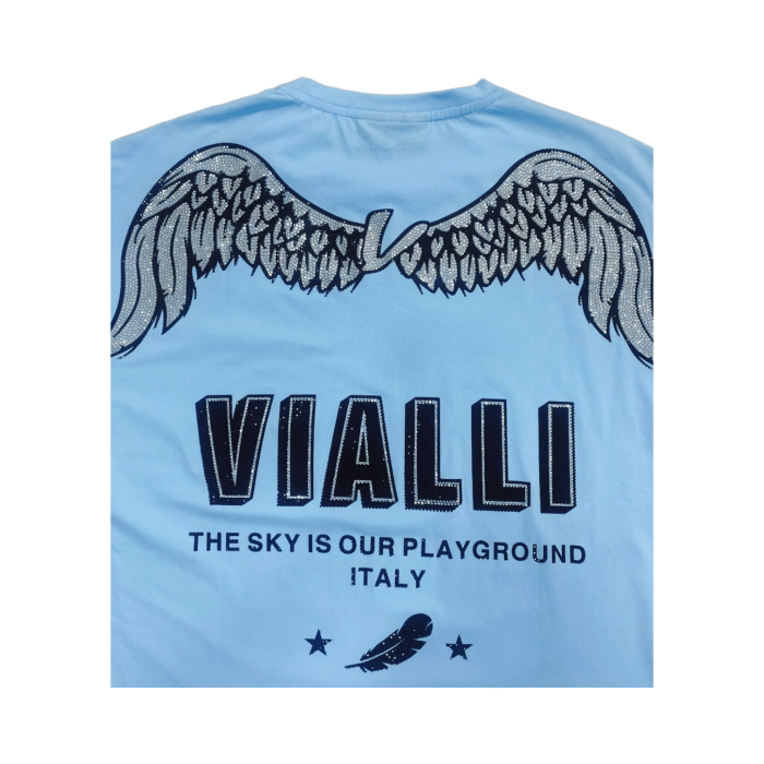 WhatsApp Image 2024 12 10 at 11.25.11 AM 2 Photoroom | The Vialli Ibiza T-Shirt in Baby Blue combines premium comfort with sleek style, featuring breathable cotton and a tailored slim fit. Its subtle branding and refreshing hue make it a versatile choice for any casual or smart-casual look.