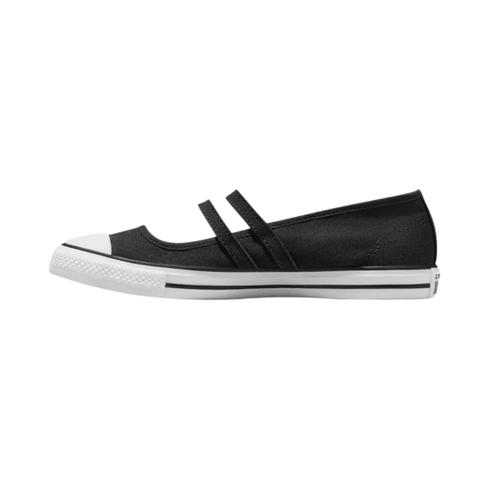 125 42A | The Converse CTAS Dainty Mary Jane Slip - Black blends timeless Mary Jane elegance with iconic Converse style. Featuring a sleek black canvas upper, dual adjustable straps, and a signature rubber toe cap, this lightweight slip-on offers both style and comfort. With a low-profile design, vulcanized sole for superior grip, and versatile appeal, it's perfect for everyday wear, whether paired with dresses or jeans. Comfortable, chic, and easy to wear, this shoe is a must-have for effortless, all-day style.