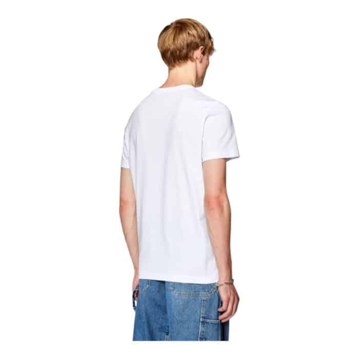 862 64 C | The Diesel T-Diegor L6 White T-Shirt is a sleek, slim-fit tee crafted from 100% certified organic cotton, ensuring both comfort and sustainability, while its soft jersey fabric provides breathability and long-lasting durability. Featuring a bold Diesel Denim Division logo printed using a unique wet-on-wet technique, this shirt achieves a smudged, vintage-inspired effect that adds a distinct, edgy touch to its minimalist design. Perfect for casual and semi-formal occasions, its ribbed crew neckline, short sleeves, and classic white hue make it an effortlessly versatile wardrobe staple that pairs seamlessly with jeans, chinos, or layered outfits.