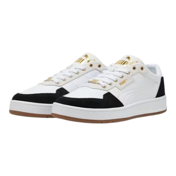 5 199 A | The Puma Court Classic Lux SD White/Black/Gold combines sophisticated design with exceptional comfort, featuring a smooth white leather upper accented with bold black and gold details, making it a versatile choice for both casual and dressy occasions. Equipped with Puma’s SoftFoam+ insole, this sneaker ensures all-day comfort by providing superior cushioning and support, while the durable rubber outsole delivers reliable traction for various activities. The Court Classic Lux SD is not only a stylish addition to your wardrobe, but also a practical and enduring choice, offering a perfect balance of luxury and functionality for everyday wear.